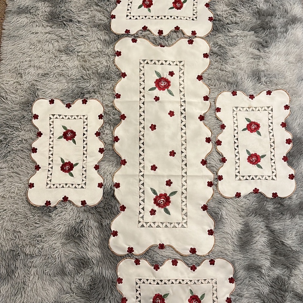 Brown, red and green Floral Embroidered Lace Tablecloth